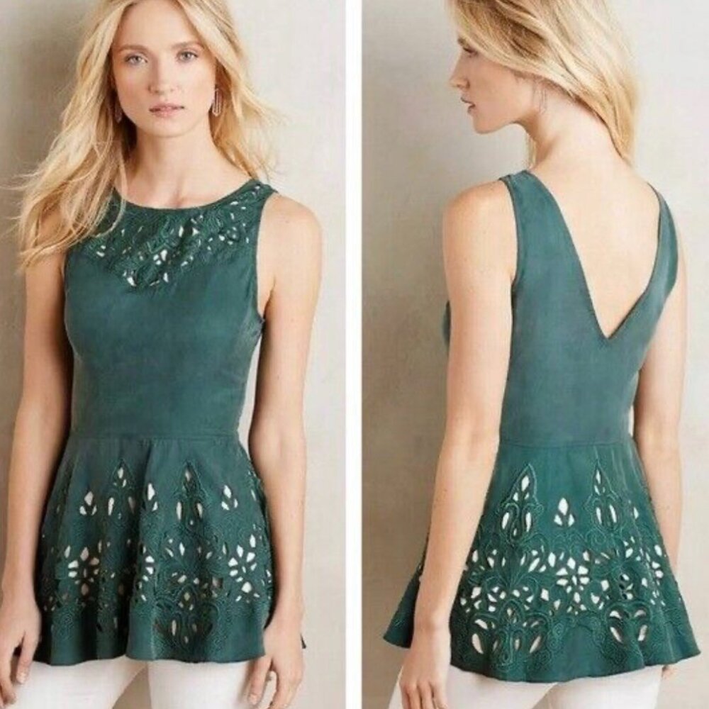 XS Anthropologie laser cut forest green peplum top